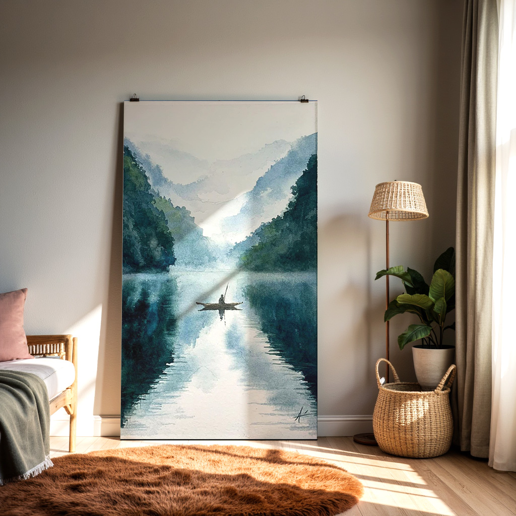 Misty Reflections – Tranquil Lake Kayaker Wall Art — alternate view