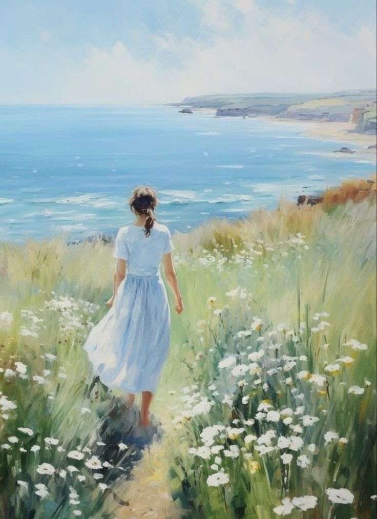 Coastal Serenity – Girl Walking by the Sea Wall Art