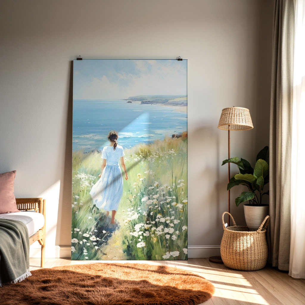 Coastal Serenity – Girl Walking by the Sea Wall Art — alternate view