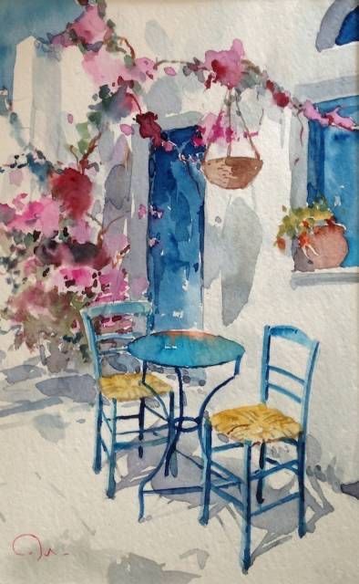 Mediterranean Patio – Blue Café Corner Watercolor Wall Art
