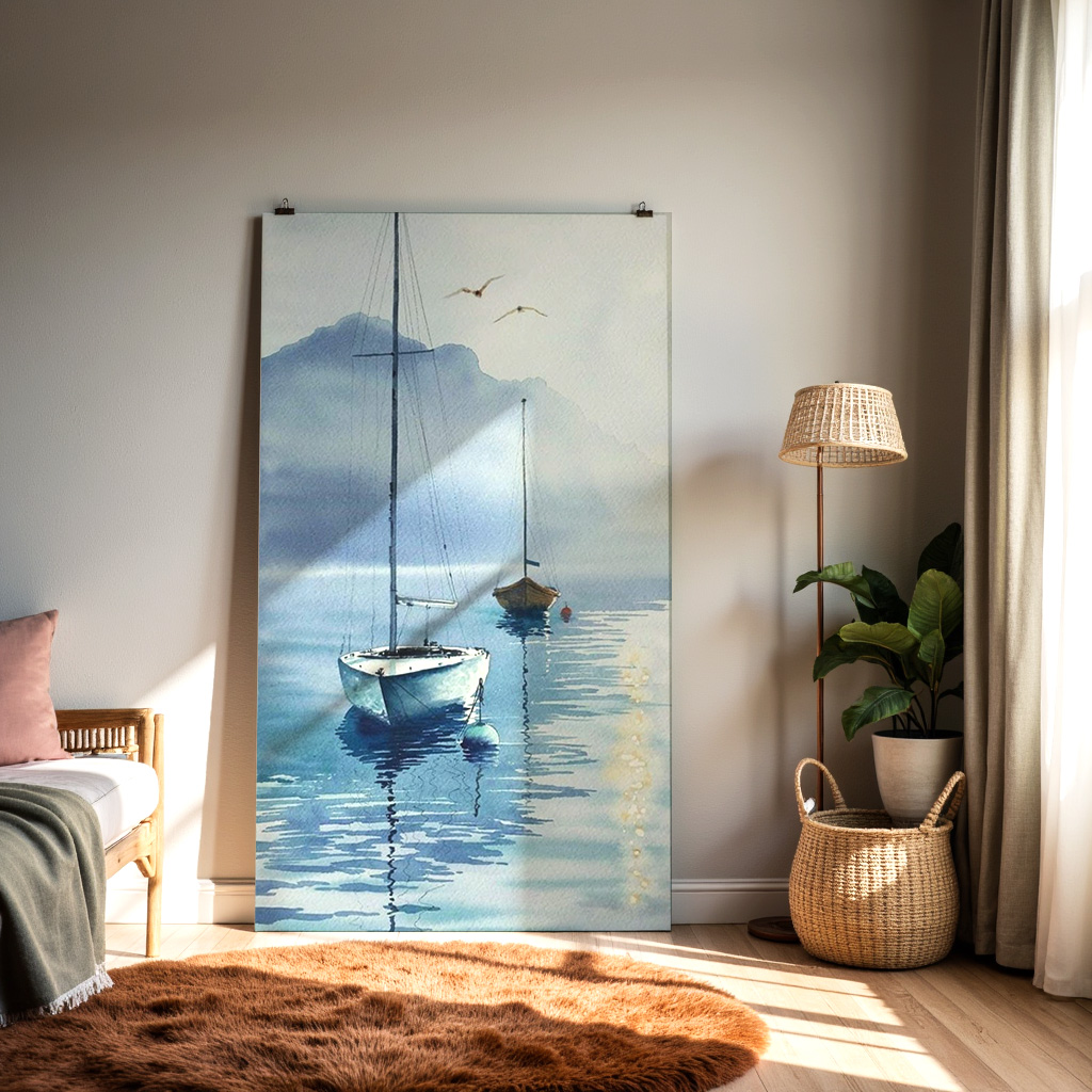 Harbor Calm – Watercolor Sailboats at Dawn Wall Art — alternate view