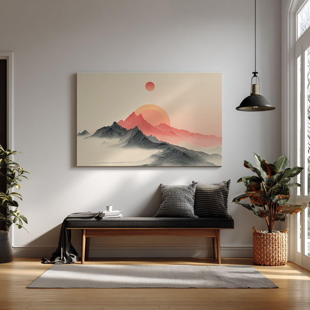 Blush Horizons – Minimalist Red Sun Mountainscape Wall Art — alternate view