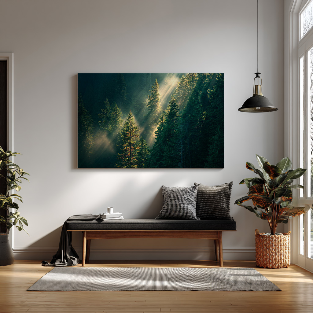 Forest Radiance – Sunbeams Through Evergreen Pines Wall Art — alternate view