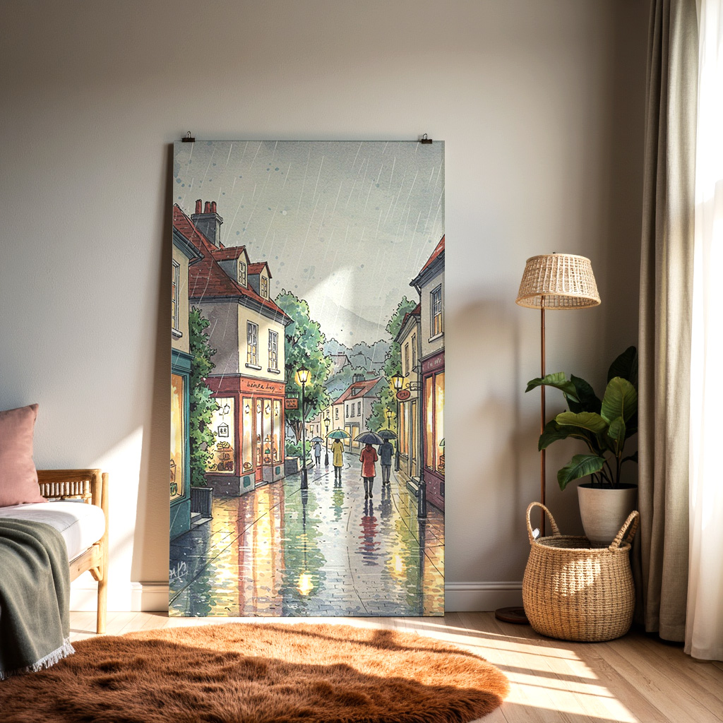 Rainlit Stroll – Cozy European Street in the Rain Wall Art — alternate view