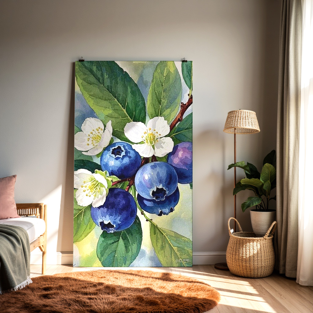 Blooming Blueberries – Botanical Watercolor Wall Art — alternate view