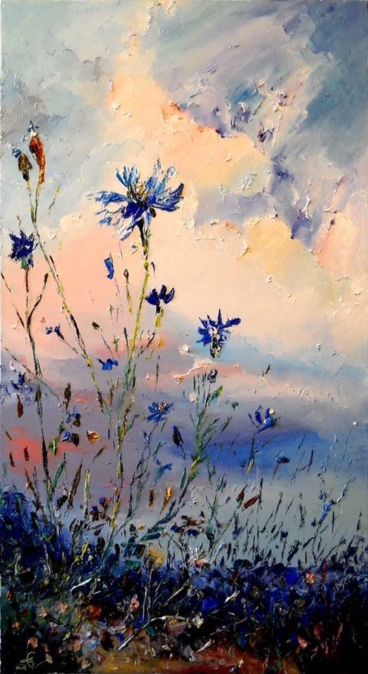 Twilight Blossoms – Blue Wildflower Evening Landscape Art