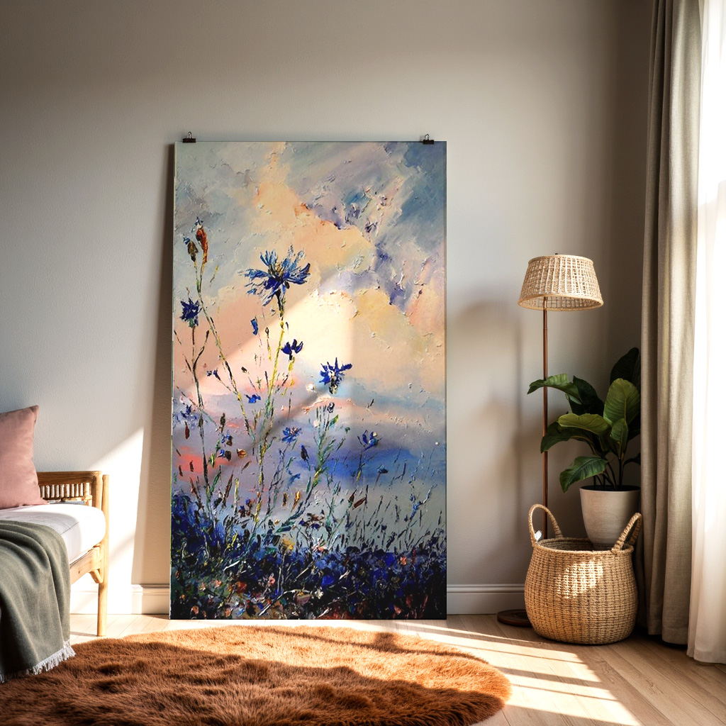 Twilight Blossoms – Blue Wildflower Evening Landscape Art — alternate view