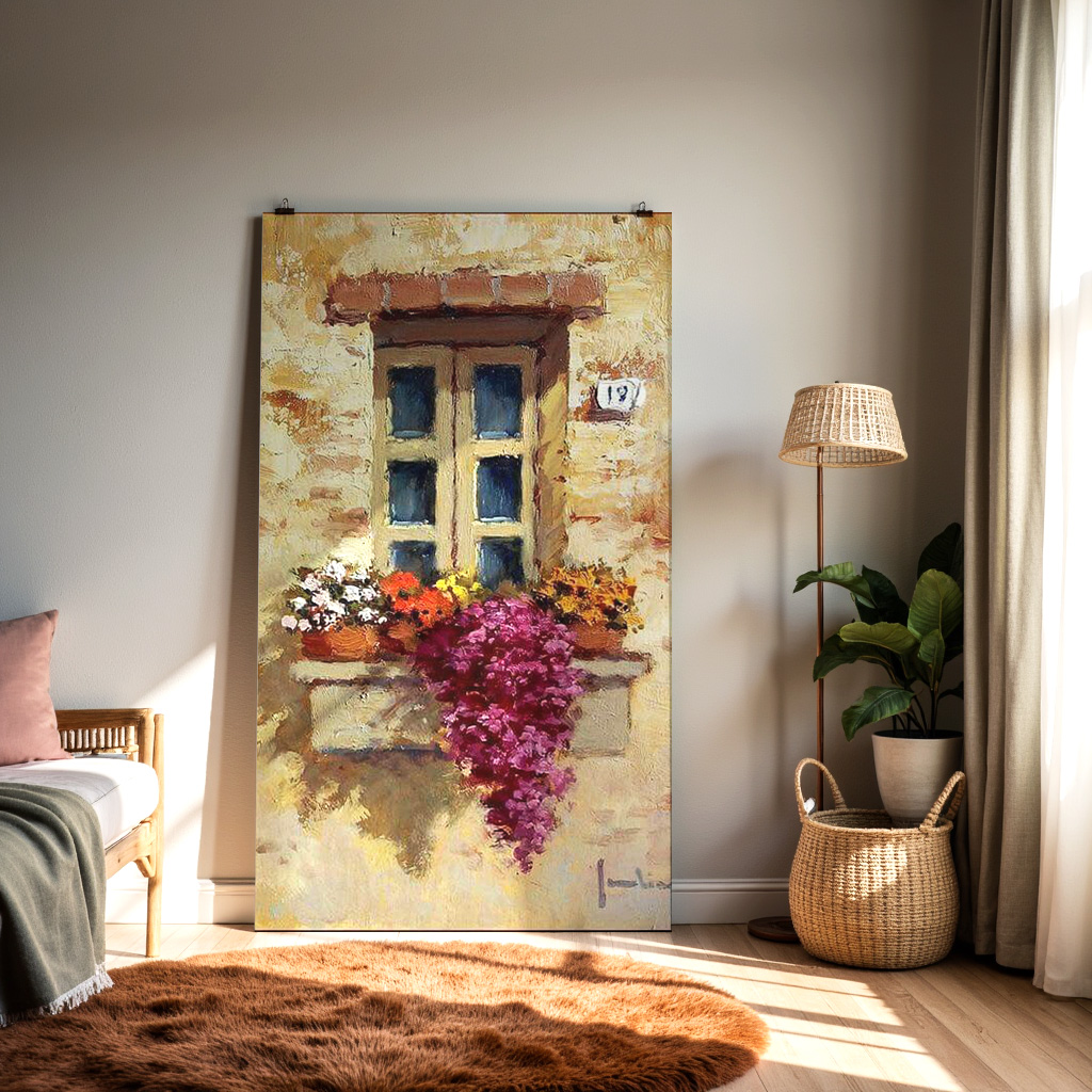 Sunlit Window Blooms – Rustic Floral Balcony Wall Art — alternate view