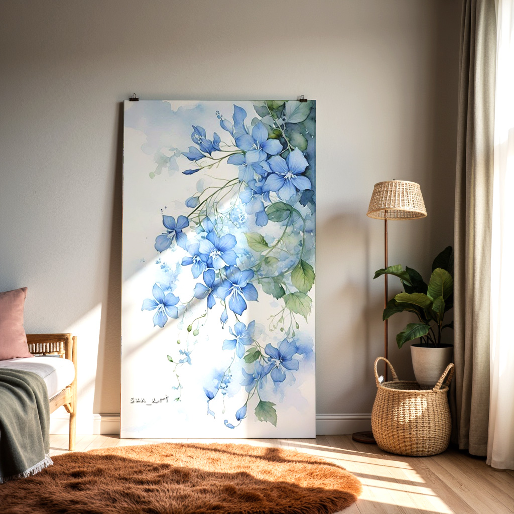 Whispers of Blue – Elegant Watercolor Floral Wall Art — alternate view