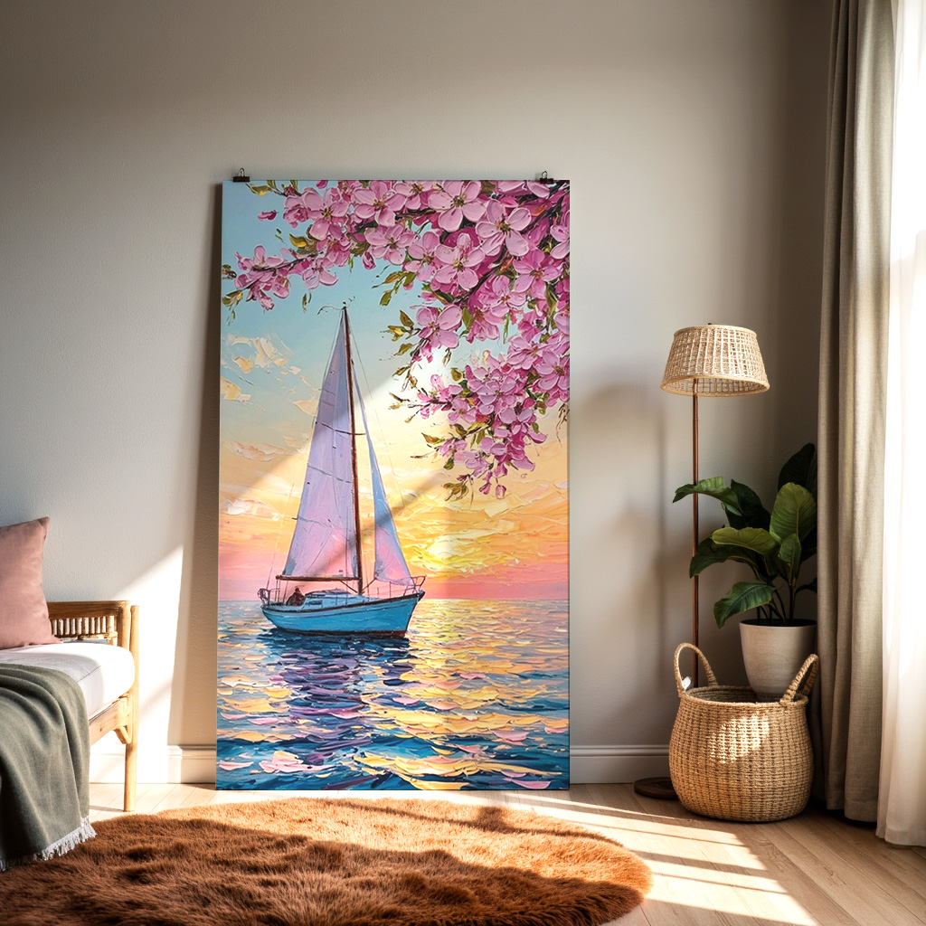 Blossoms at Sea – Serenity Sunset Sailboat Wall Art — alternate view