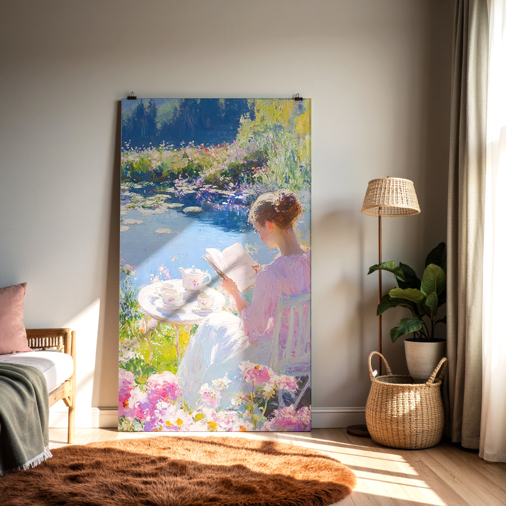 Garden Serenity – Elegant Lady Reading by the Lakeside Wall Art — alternate view
