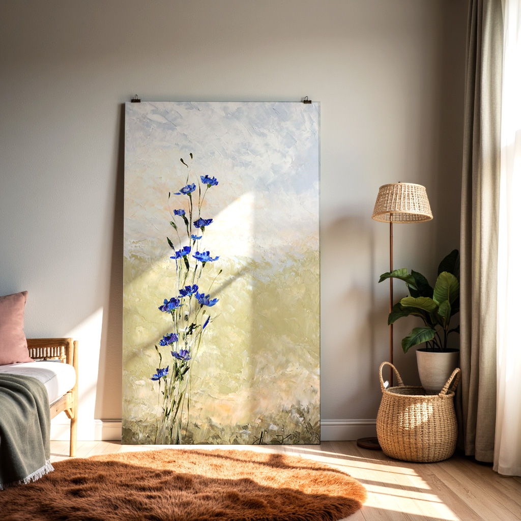 Whispering Blues – Minimalist Wildflower Textured Painting — alternate view