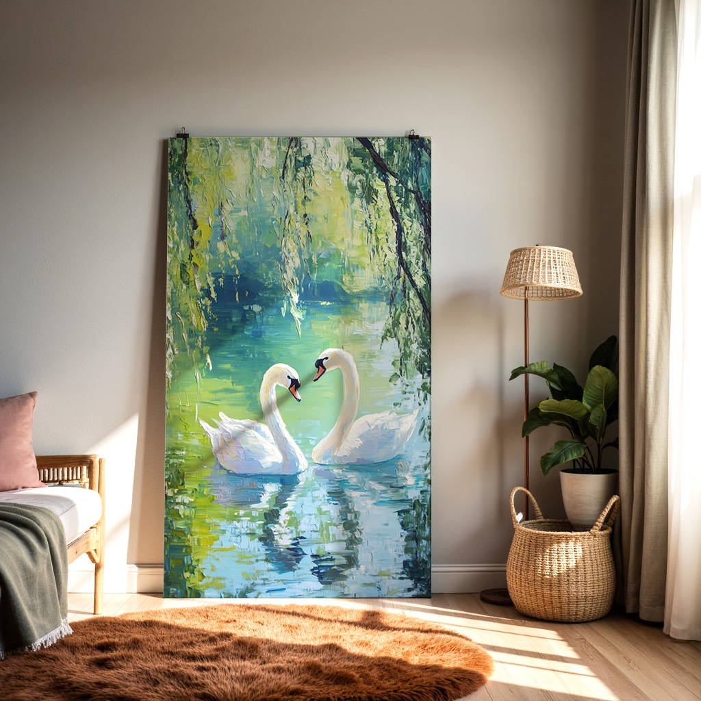 Whispers of Serenity – Swan Couple Lake Wall Art — alternate view