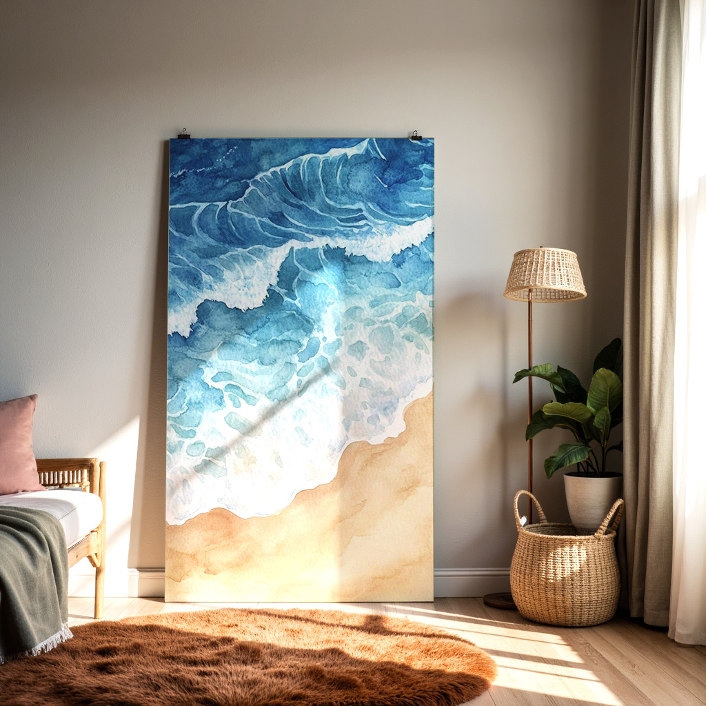Coastal Serenity – Watercolor Waves & Sandy Shore Wall Art — alternate view