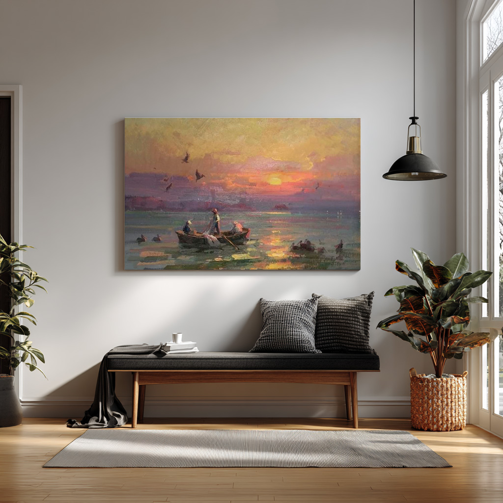 Golden Horizon – Serene Sunset Fishermen Painting — alternate view