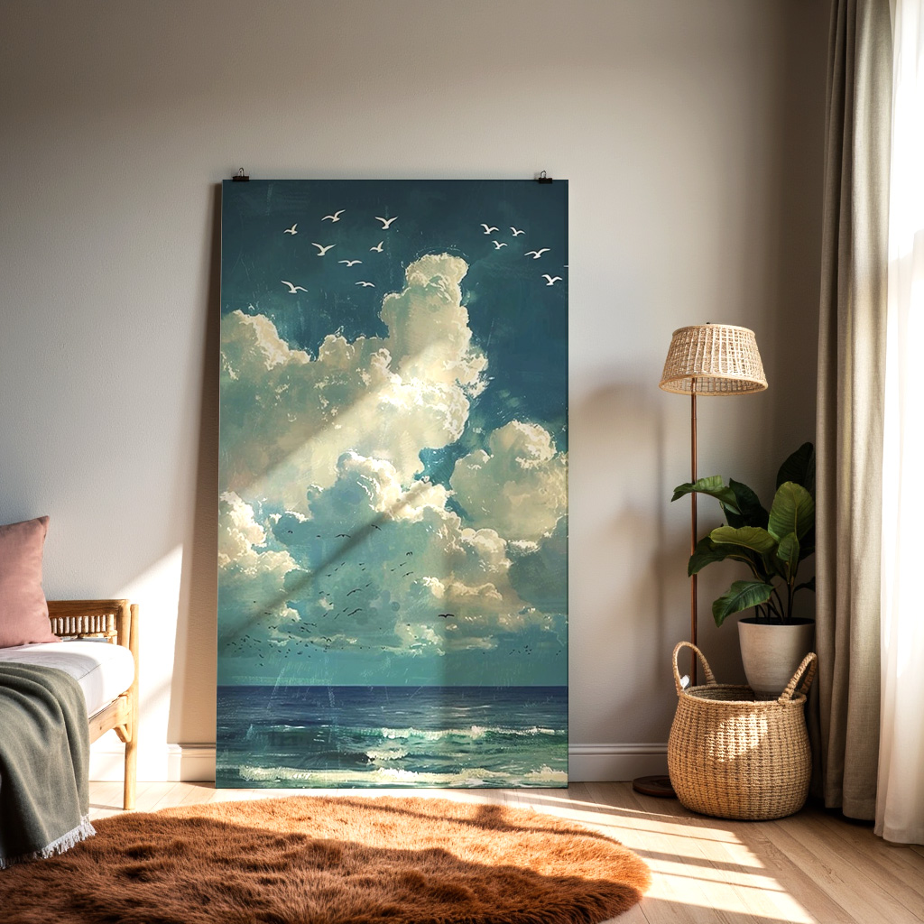 Skyward Serenity: Birds Over a Tranquil Sea — alternate view
