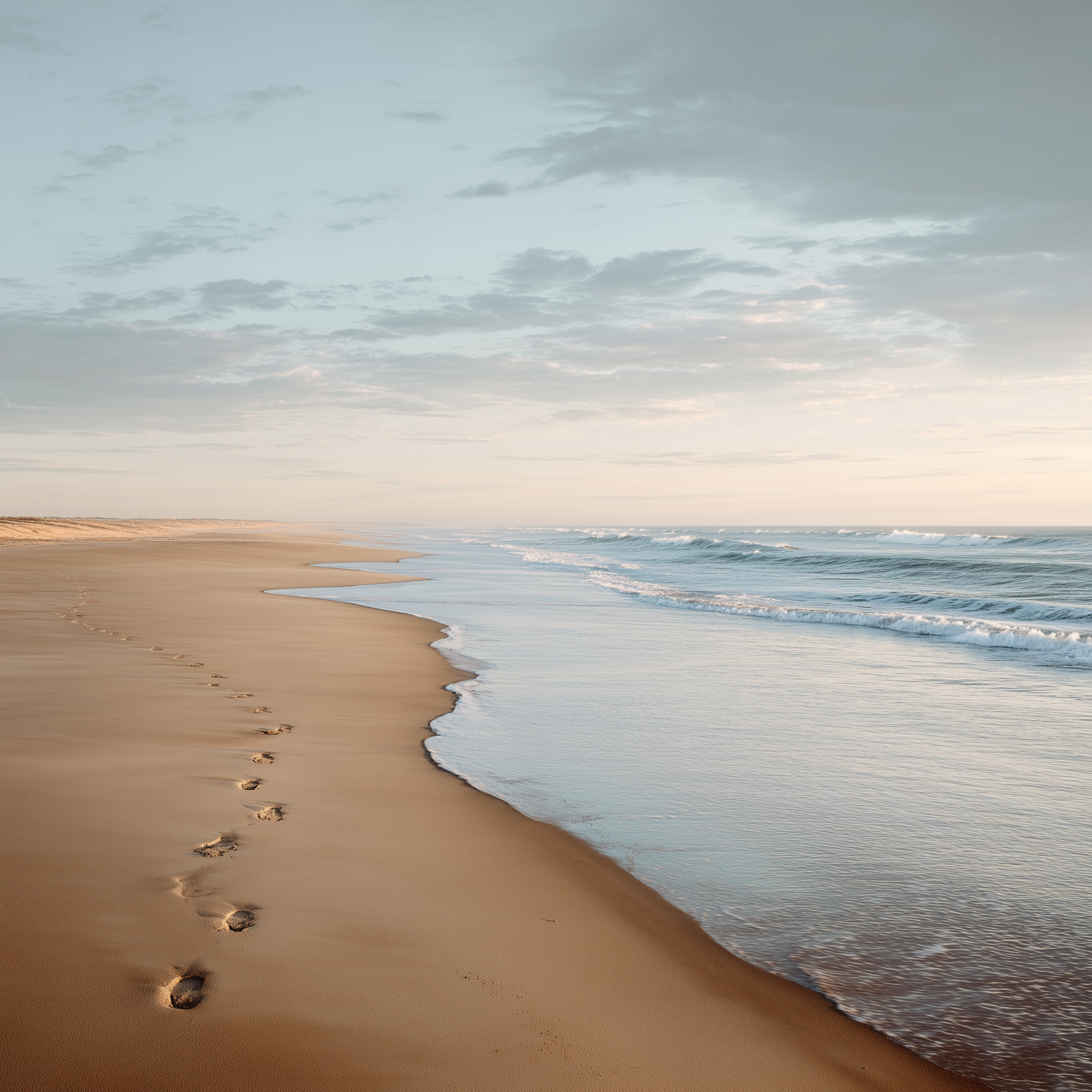 Golden Shoreline Serenity – Peaceful Footprints on Calm Beach Wall Art
