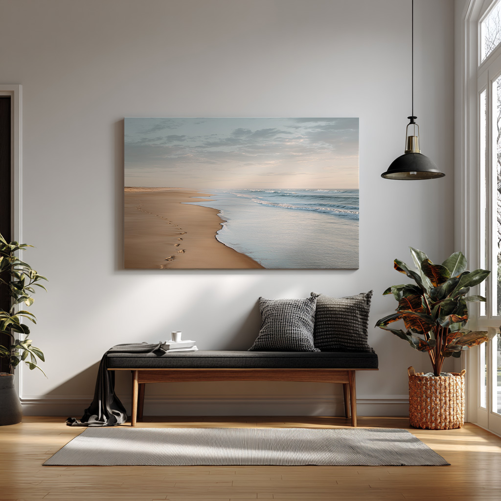Golden Shoreline Serenity – Peaceful Footprints on Calm Beach Wall Art — alternate view