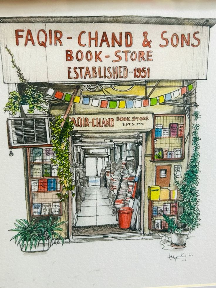 Faqir-Chand & Sons Book Store Art Print | Vintage Indian Bookshop Illustration