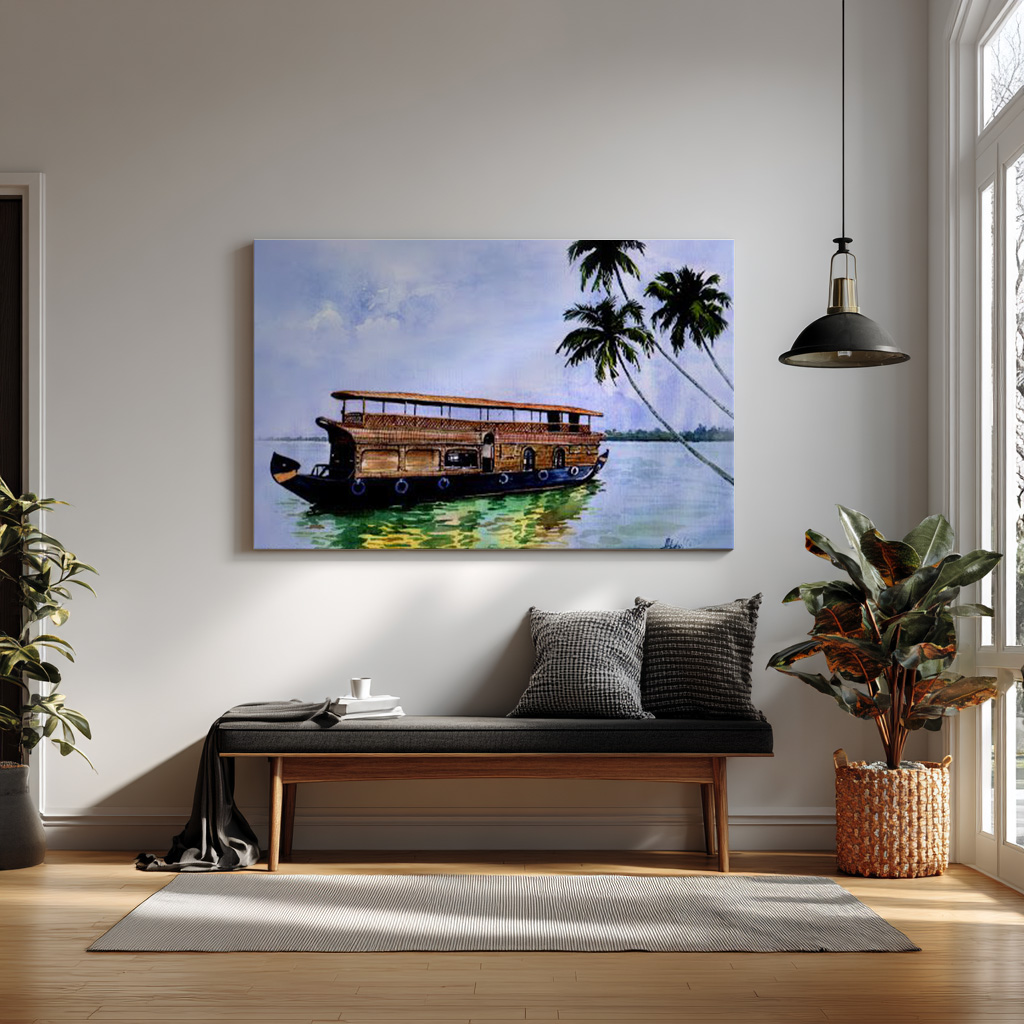 Kerala Houseboat Wall Art | Traditional Backwater Boat Painting — alternate view