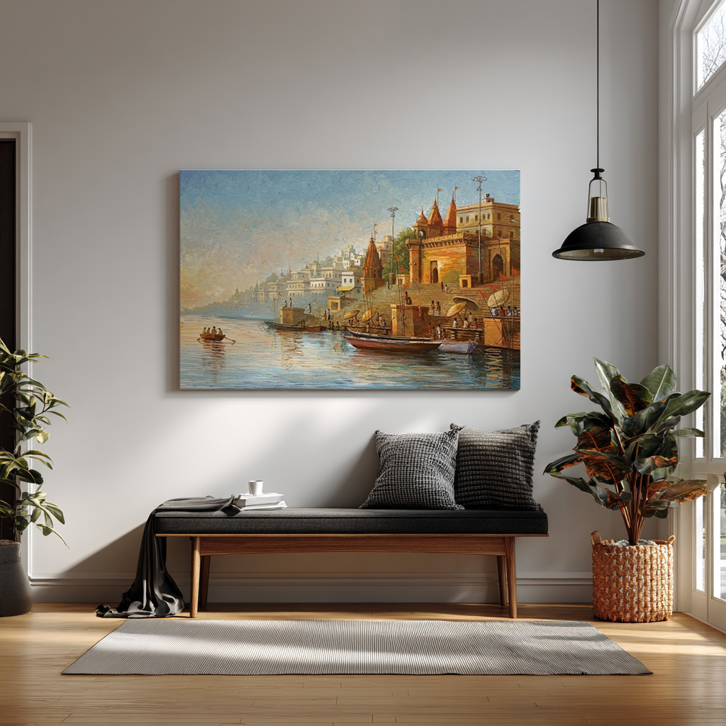 Varanasi Ghat Wall Art | Spiritual Ganges River Painting — alternate view
