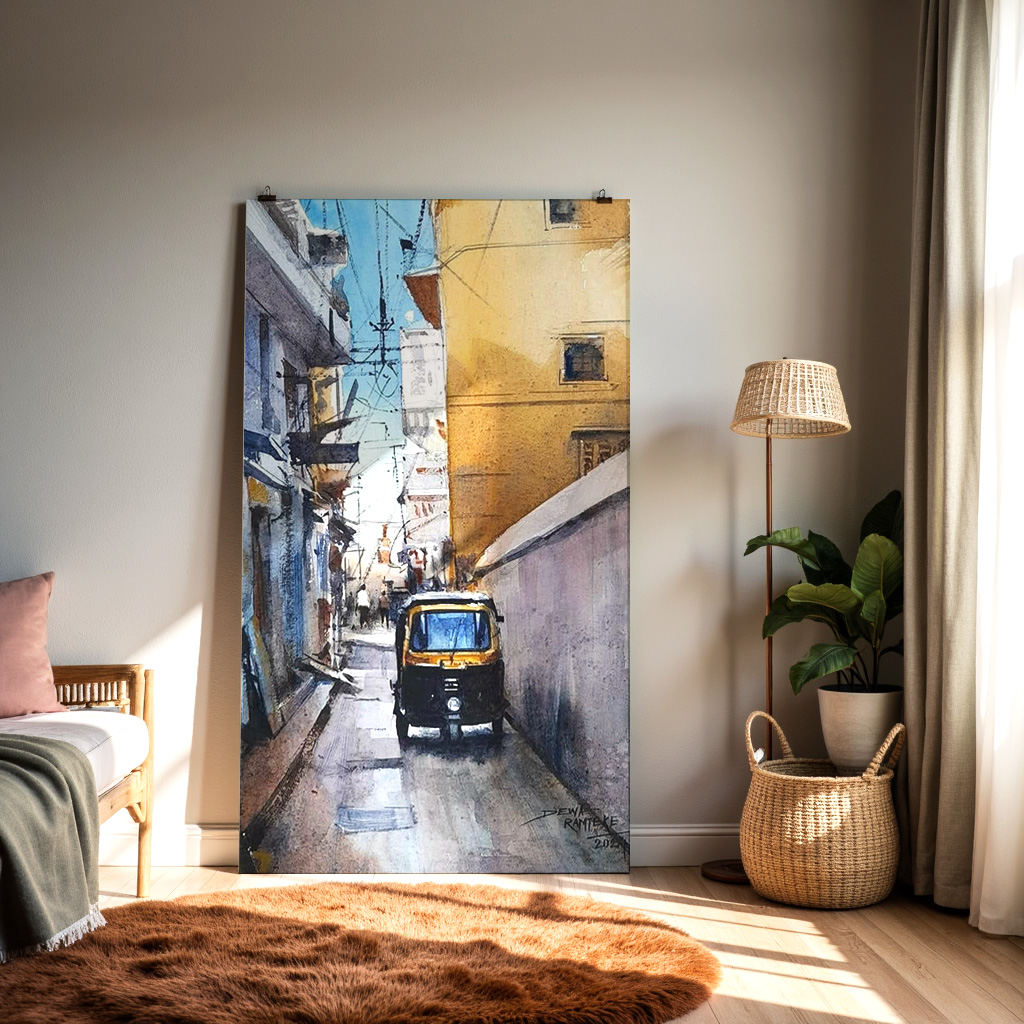 Indian Street Wall Art | Auto Rickshaw Cityscape Painting — alternate view