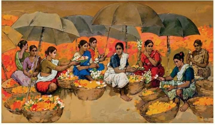 Indian Village Life Wall Art | Traditional Flower Market Painting