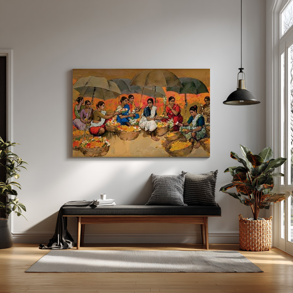 Indian Village Life Wall Art | Traditional Flower Market Painting — alternate view