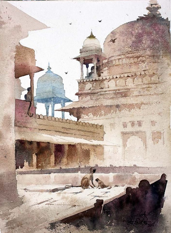 Indian Heritage Architecture Wall Art | Watercolor Temple Painting