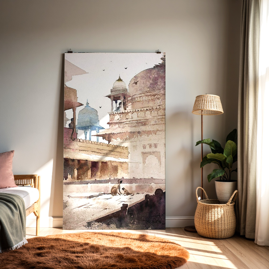 Indian Heritage Architecture Wall Art | Watercolor Temple Painting — alternate view