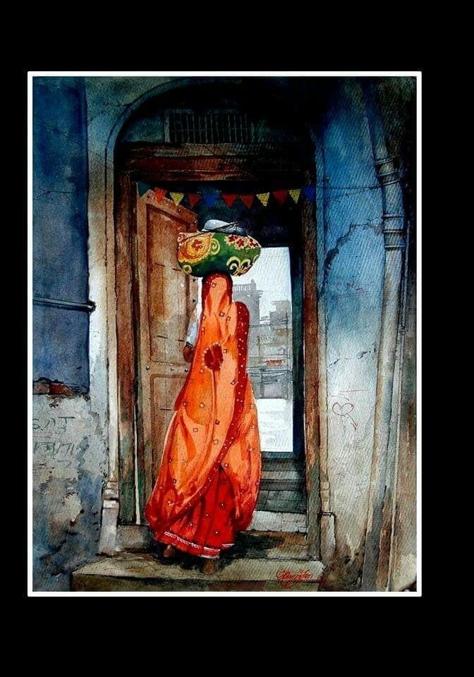 Indian Woman in Traditional Saree Wall Art | Cultural Watercolor Painting