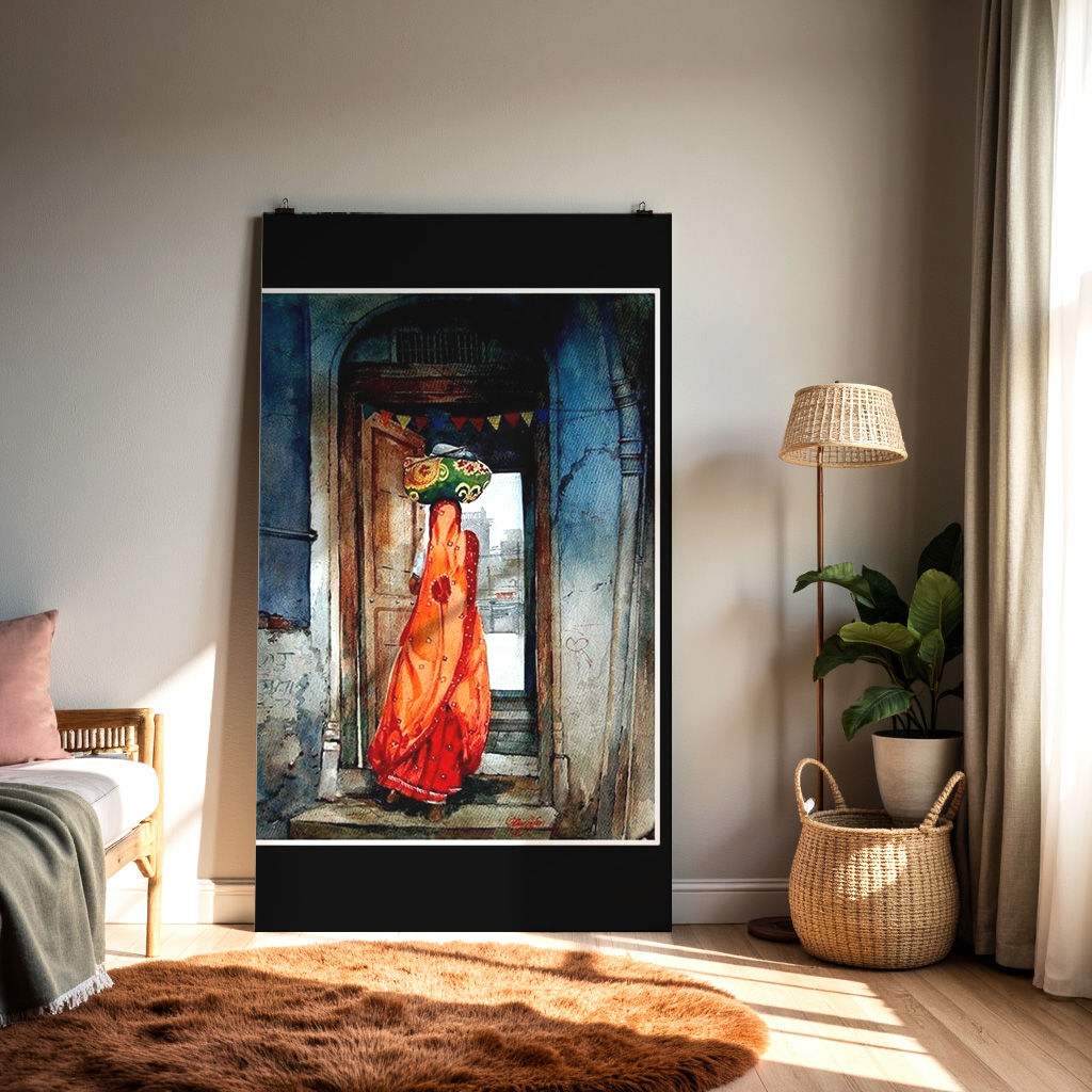 Indian Woman in Traditional Saree Wall Art | Cultural Watercolor Painting — alternate view