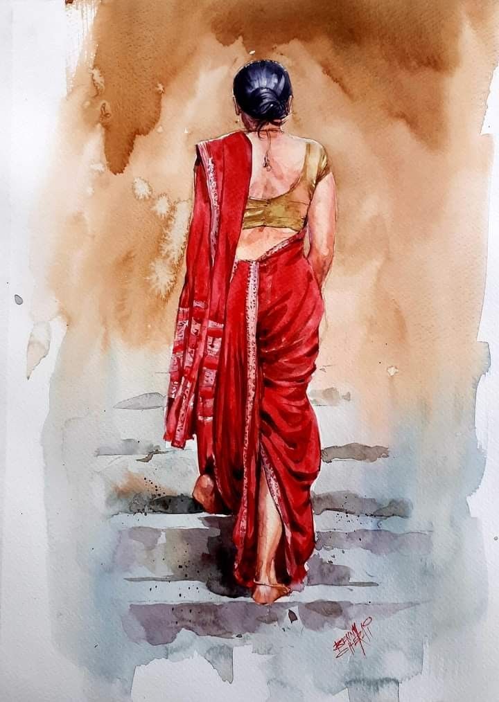 Indian Woman in Red Saree Wall Art | Traditional Watercolor Painting