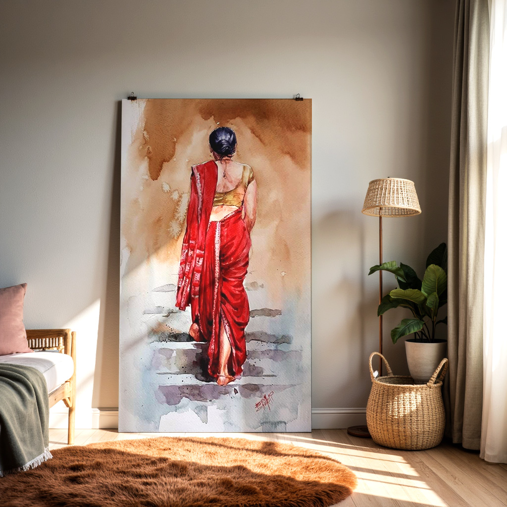 Indian Woman in Red Saree Wall Art | Traditional Watercolor Painting — alternate view