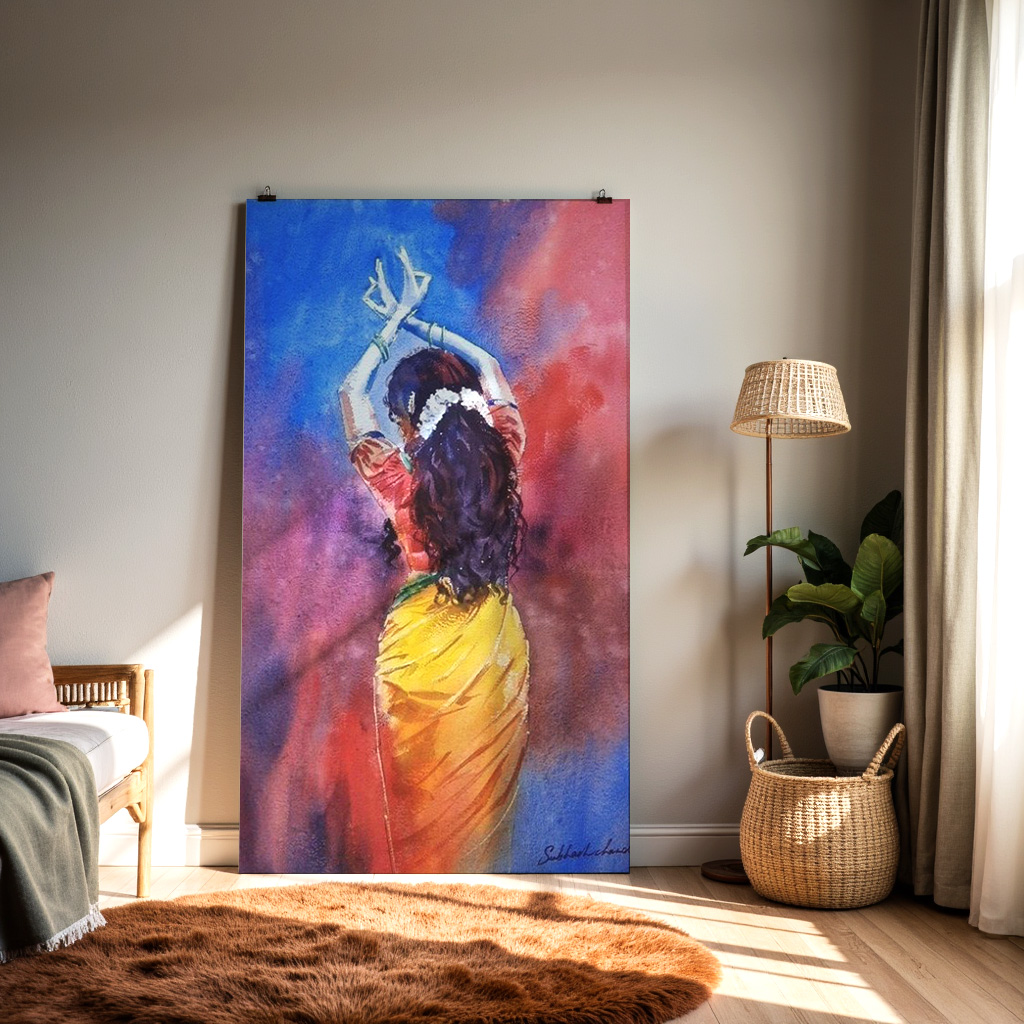 Indian Classical Dancer Wall Art | Colorful Watercolor Saree Painting — alternate view