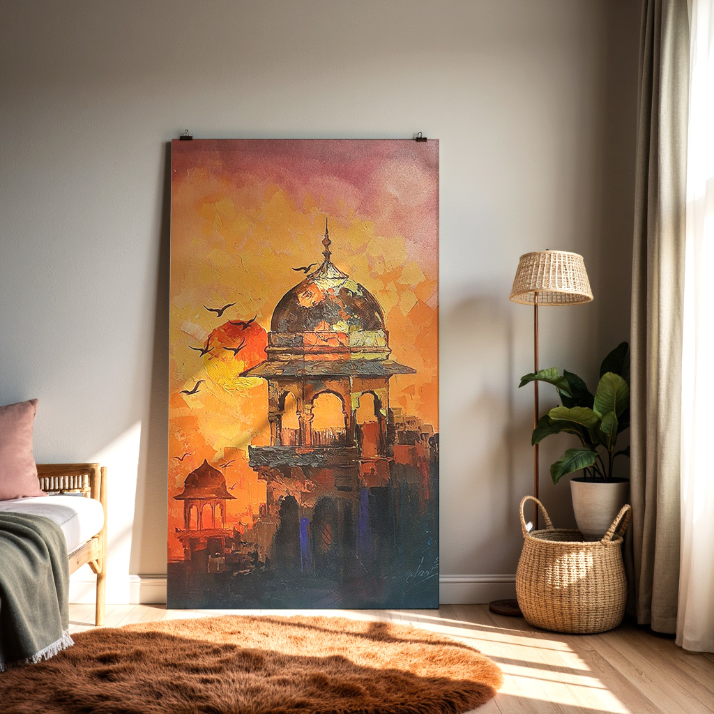 Varanasi Ghats Wall Art | Golden Ganges River City Painting — alternate view