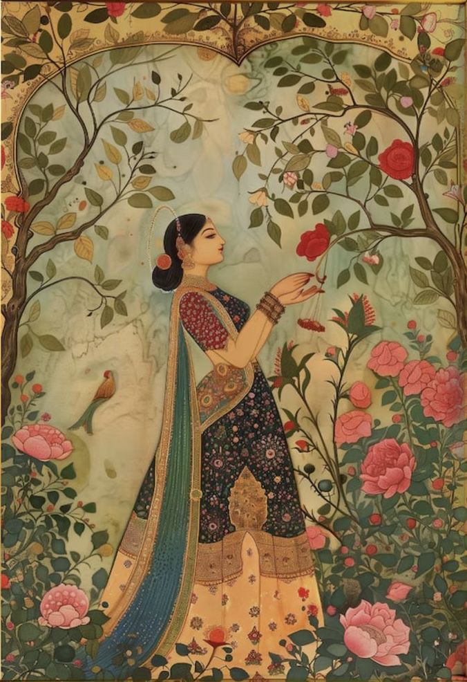 Indian Mughal Style Wall Art | Woman in Garden Floral Illustration