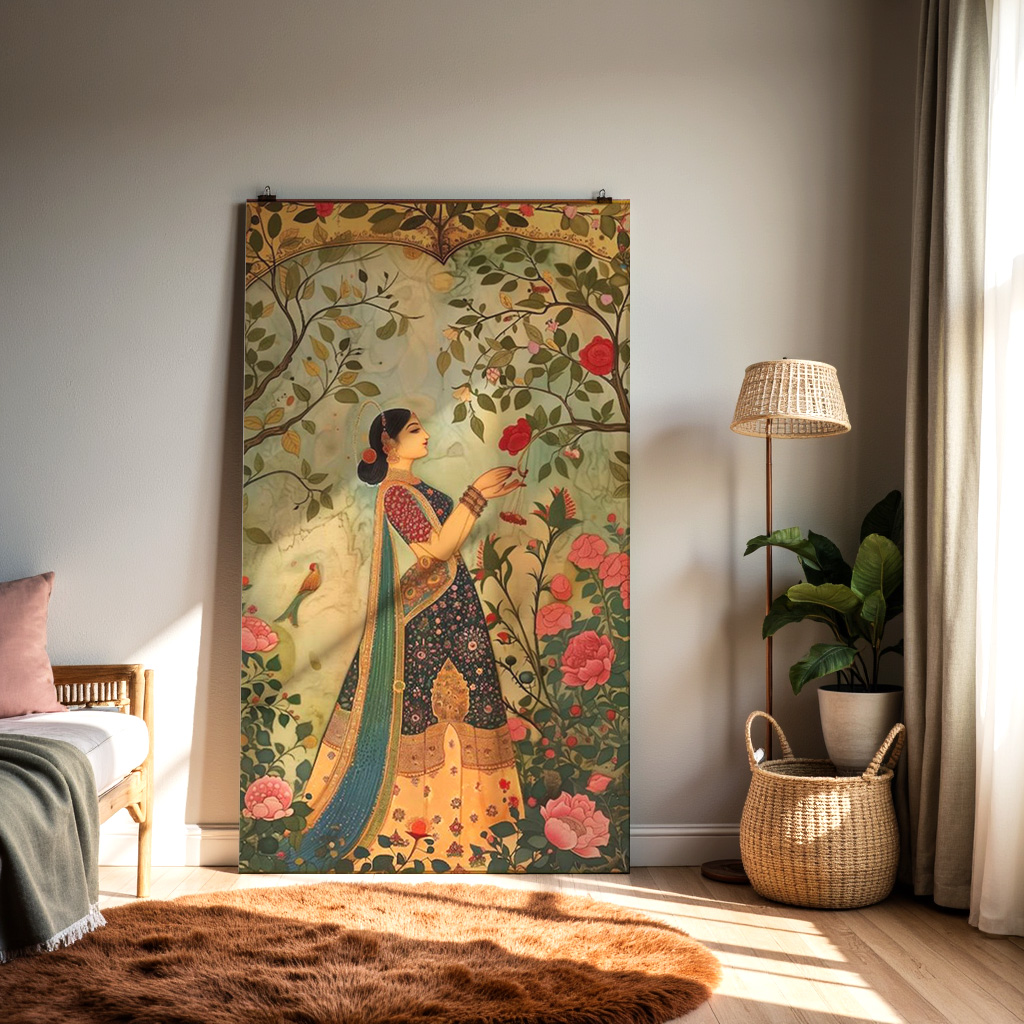Indian Mughal Style Wall Art | Woman in Garden Floral Illustration — alternate view