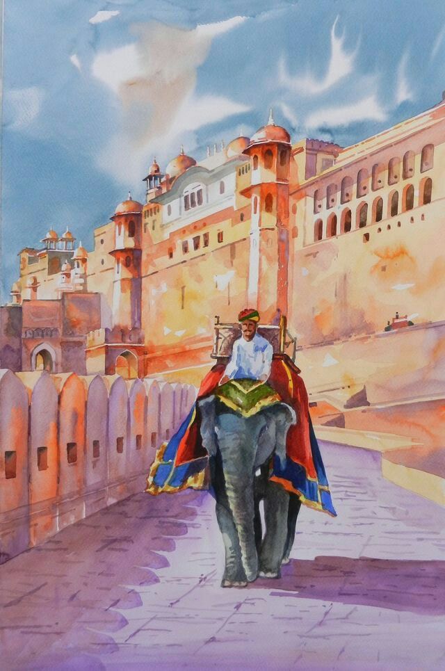 Amber Fort Elephant Ride Wall Art | Jaipur Rajasthan Watercolor Painting