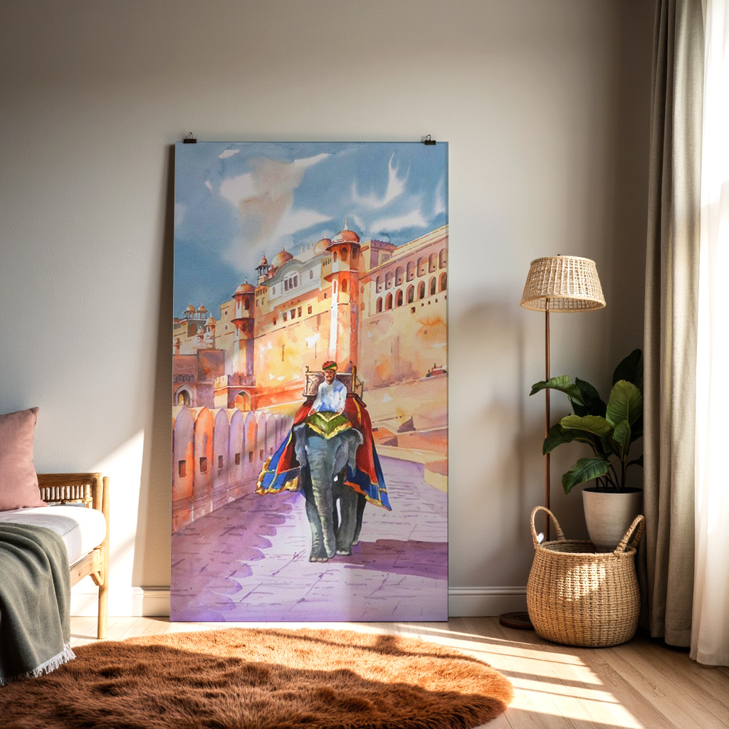 Amber Fort Elephant Ride Wall Art | Jaipur Rajasthan Watercolor Painting — alternate view