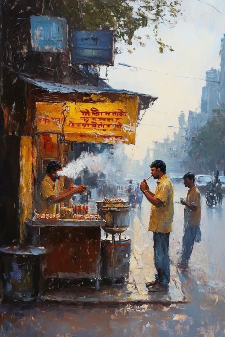 Indian Street Tea Stall Wall Art | Chai Vendor Watercolor Painting