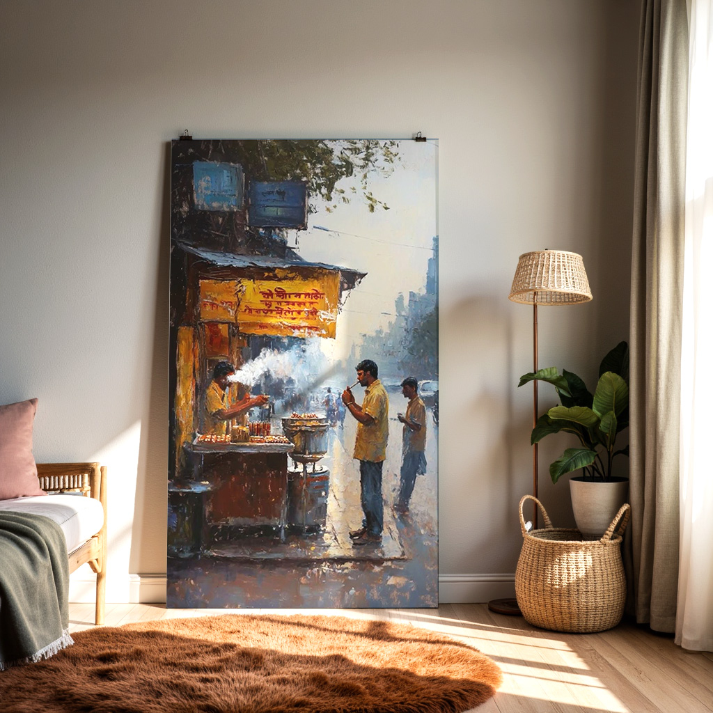 Indian Street Tea Stall Wall Art | Chai Vendor Watercolor Painting — alternate view