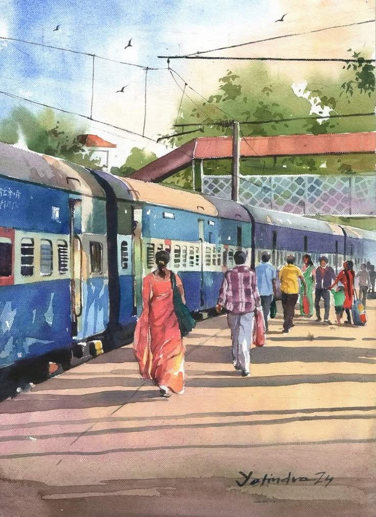 Indian Railway Platform Wall Art | Train Station Watercolor Painting