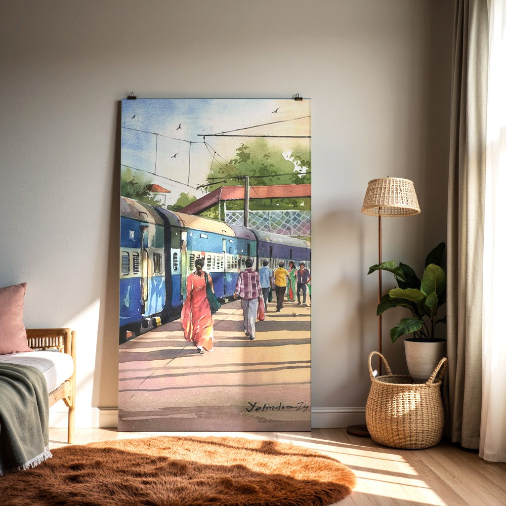 Indian Railway Platform Wall Art | Train Station Watercolor Painting — alternate view