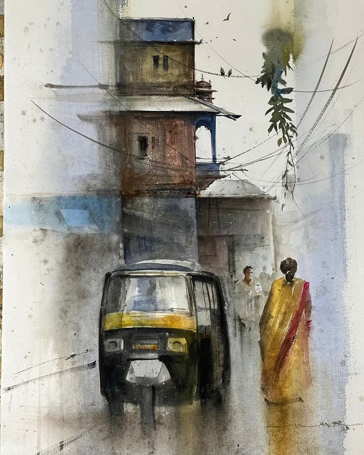 Indian Street Auto Rickshaw Wall Art | Urban Watercolor Painting