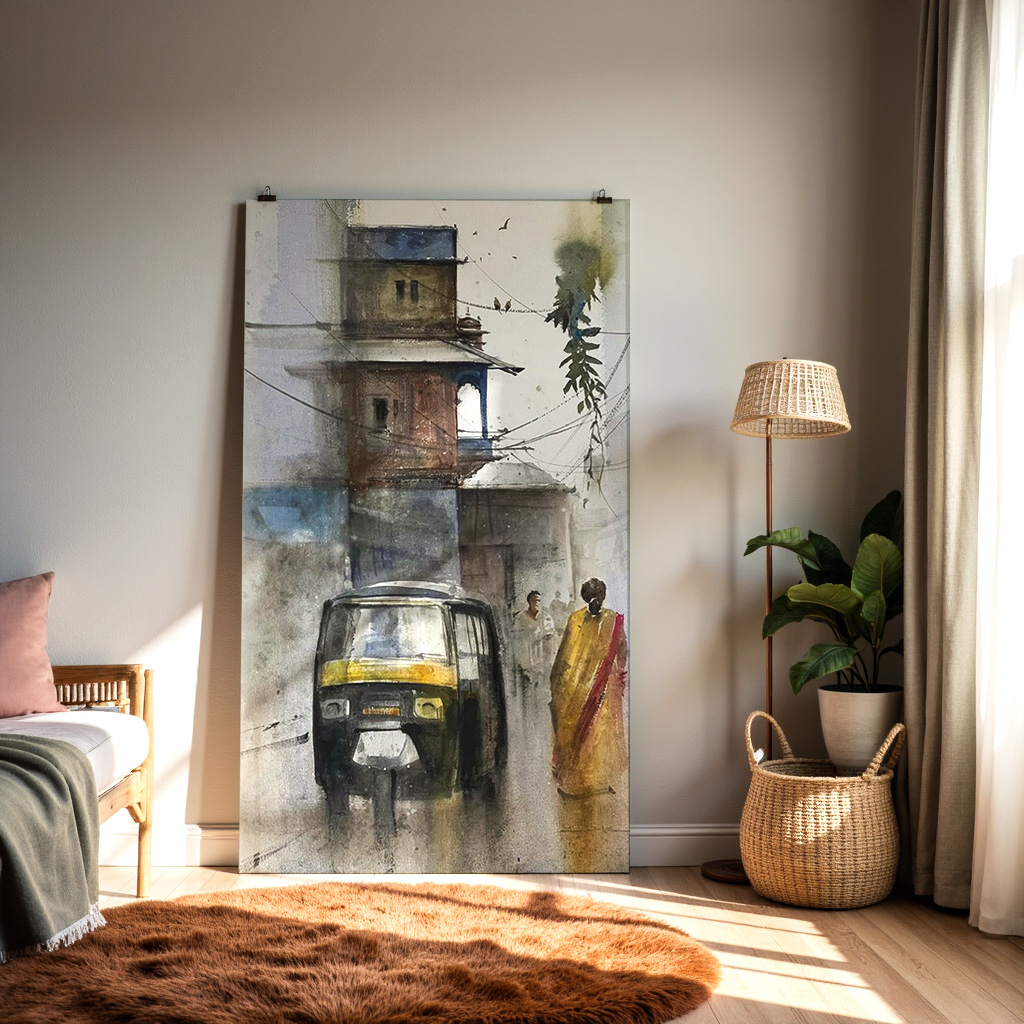 Indian Street Auto Rickshaw Wall Art | Urban Watercolor Painting — alternate view
