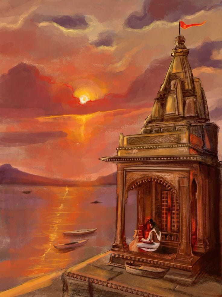 Indian Temple at Sunset Wall Art | Spiritual Riverside Painting