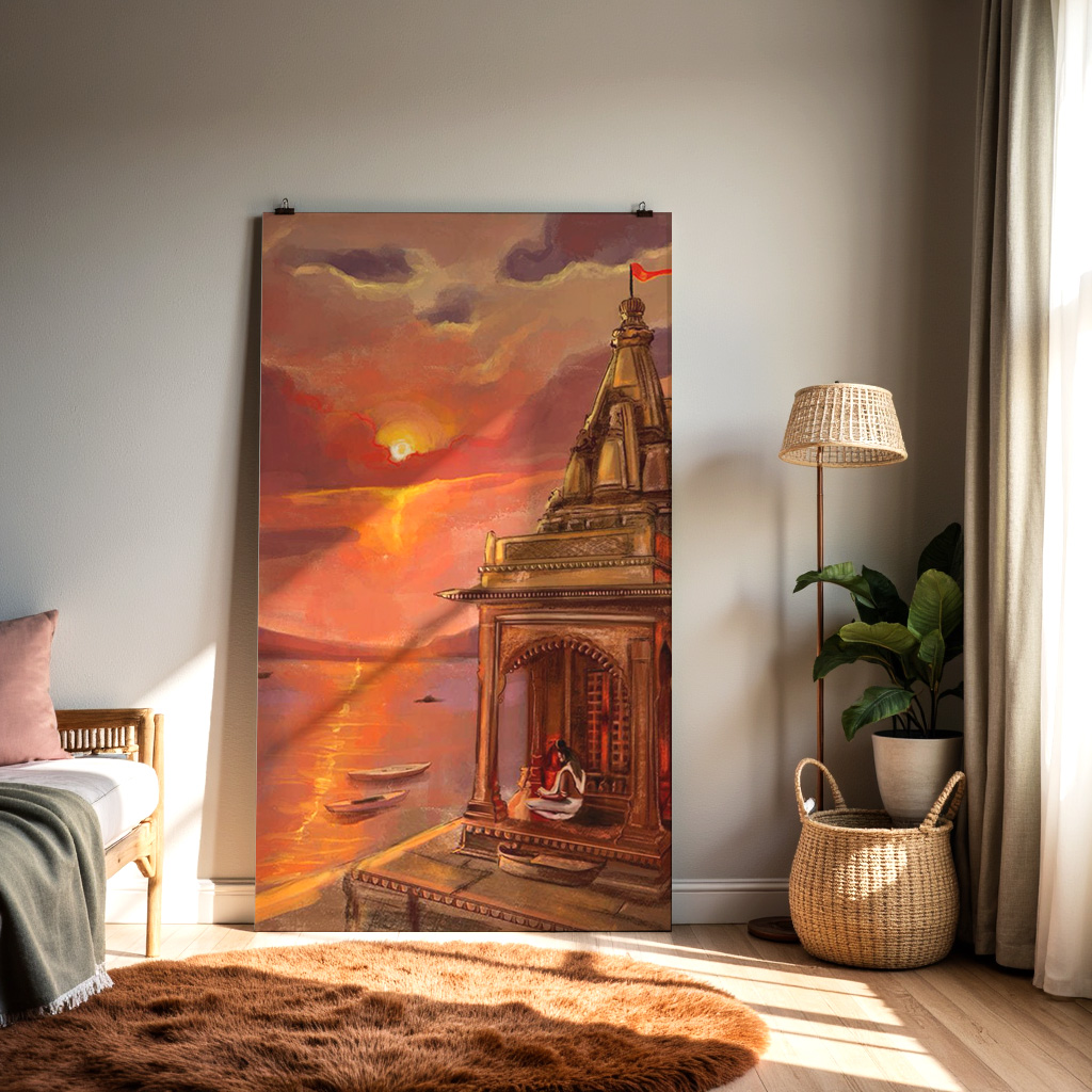 Indian Temple at Sunset Wall Art | Spiritual Riverside Painting — alternate view