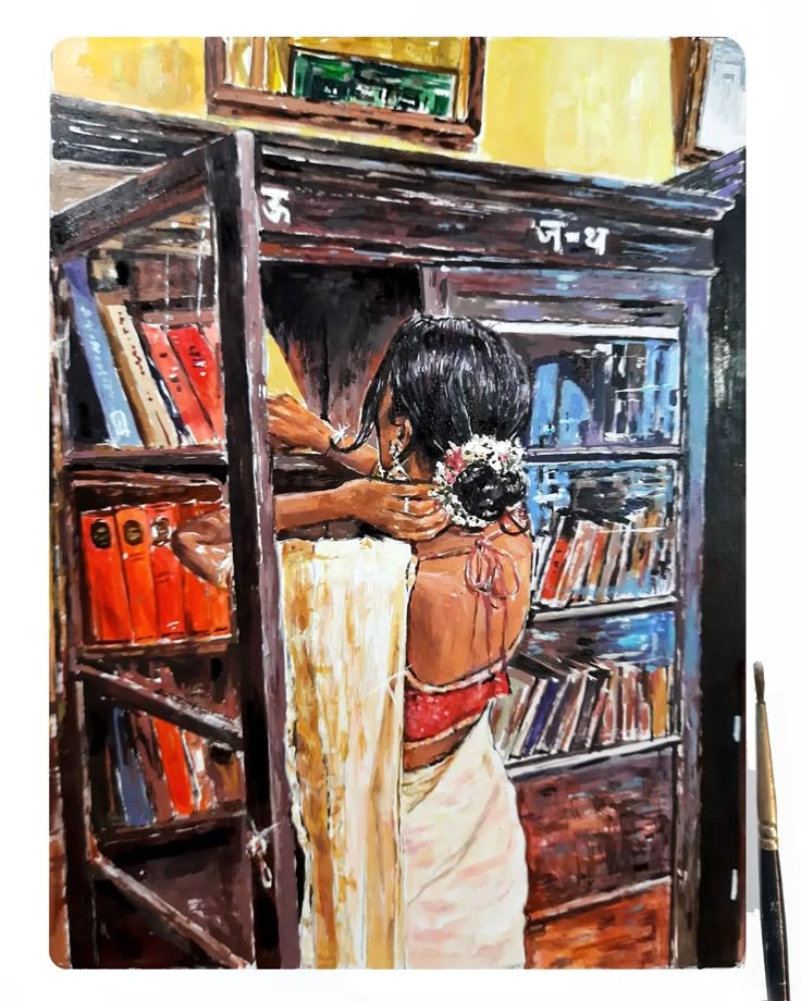 Woman in Library Wall Art | Indian Reading Room Painting