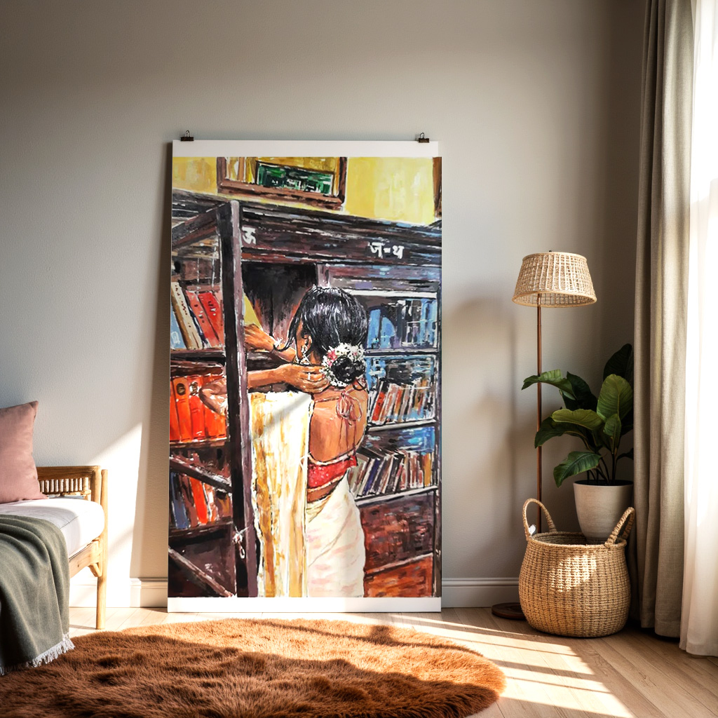 Woman in Library Wall Art | Indian Reading Room Painting — alternate view